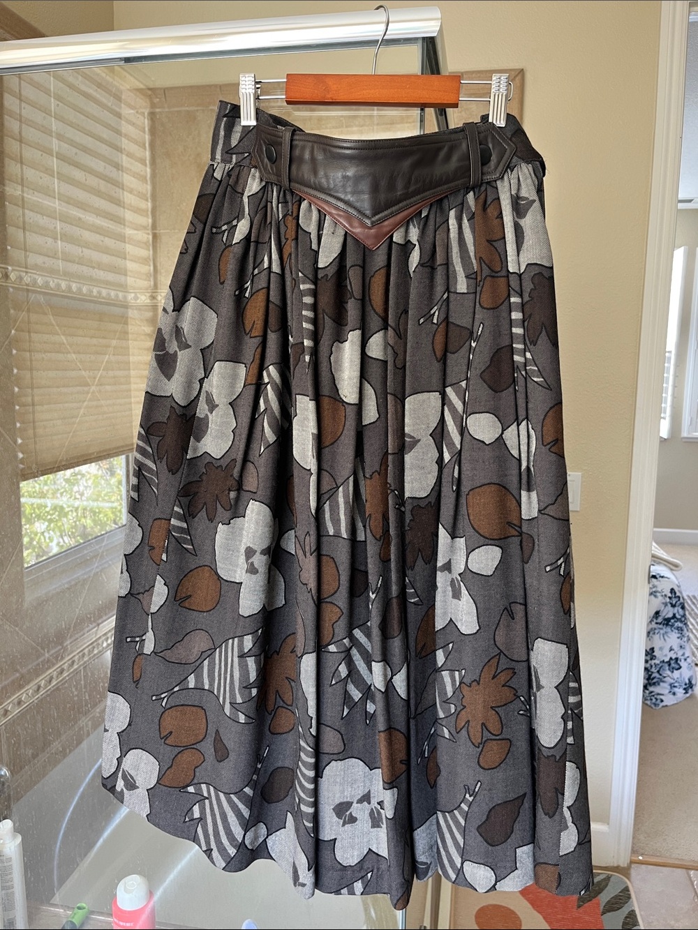 Escada Floral A-Line Midi Skirt in Charcoal, Brown and Gray